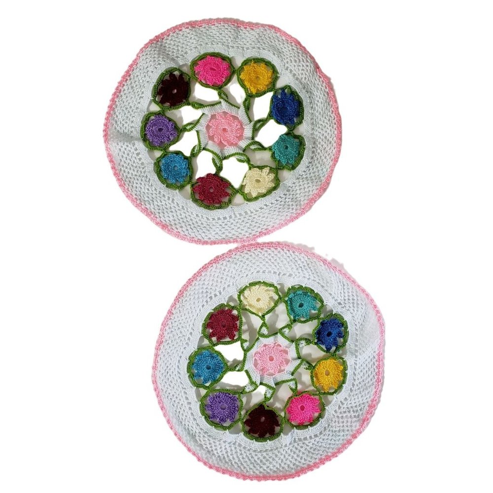 Handmade Multicolor Flowers 2 Doilies 12" Unused 3D